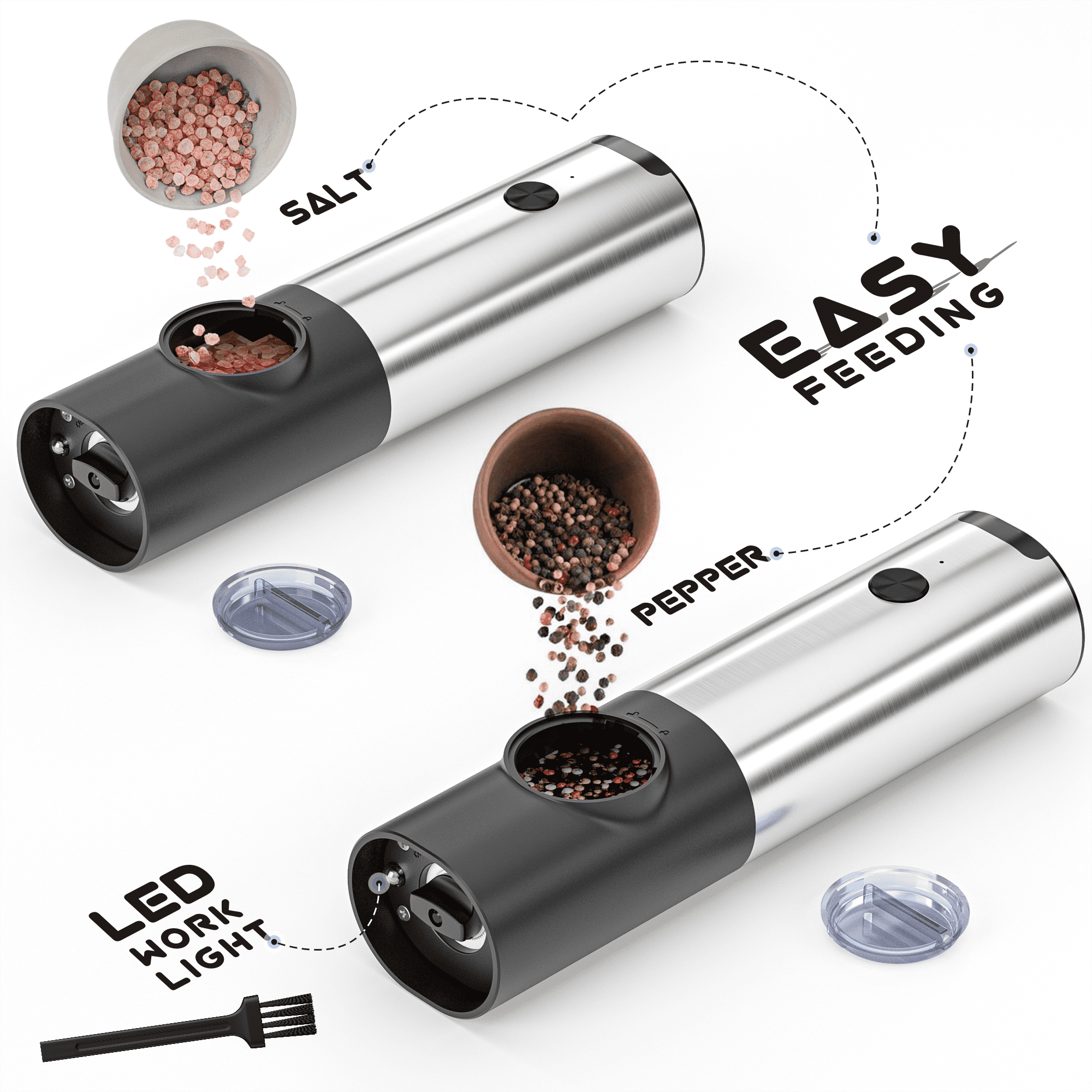 PRIME, Electric Salt and Pepper Grinder Set, 2 Mills, Rechargeable, With  Charging Base, USB Cable, Power Adapter, Automatic Tact Switch Operation,  Adjustable Coarseness, Stainless Steel (Ver. 2.2) 