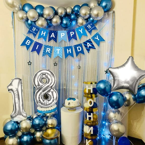 18th Birthday Party Decorations Navy Blue Silver Happy 18th Birthday Banner with Metallic Night Blue Silver Latex Balloons Foil Number 18 Balloons for Men Birthday Anniversary Party Decor Supplies