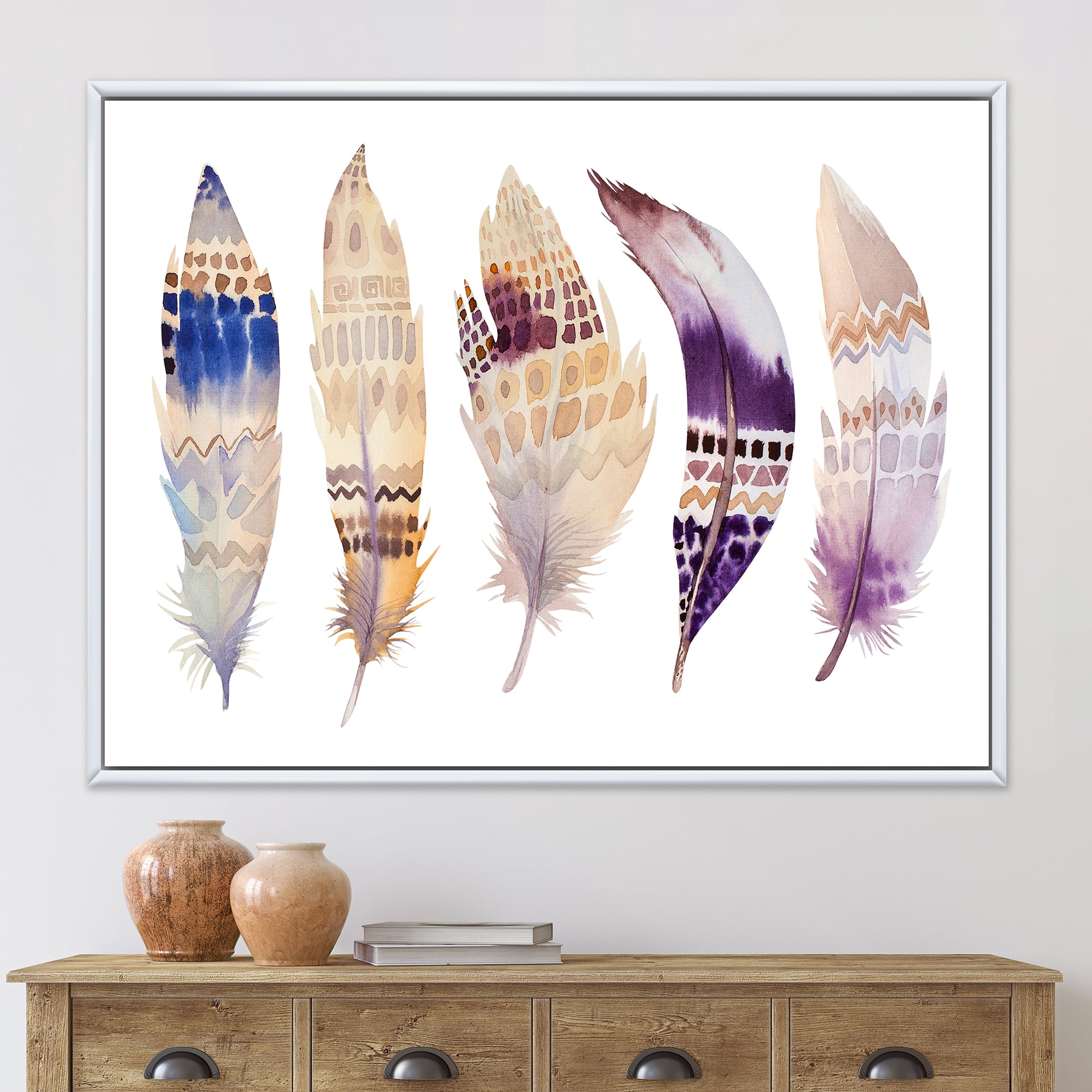 Designart 'Ethnic Purple Boho Art Feathers' Bohemian & Eclectic Framed Canvas Wall Art Print