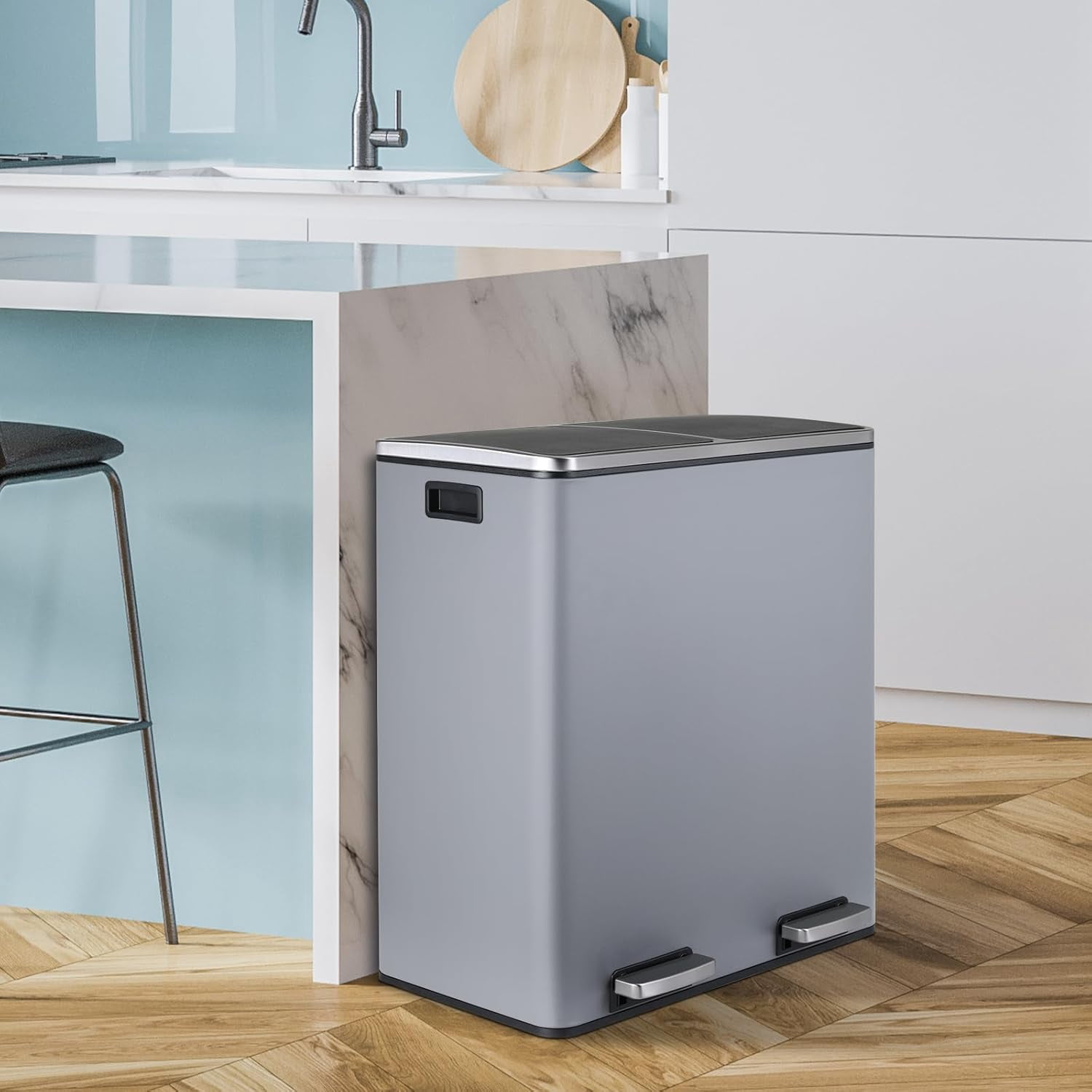 LAZY BUDDY 16 Gallon Kitchen Trash Can with Double Compartments, Stainless Steel Step Garbage Can with Lid & Inner Buckets for Recycling