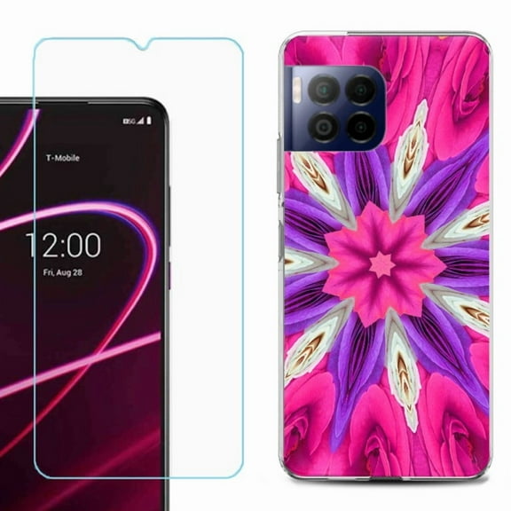 For T-Mobile Revvl 7 Pro 5G Phone Case, Shockproof Case Cover with Tempered Glass Screen Protector, by OneToughShield - Kaleidoscope Rose
