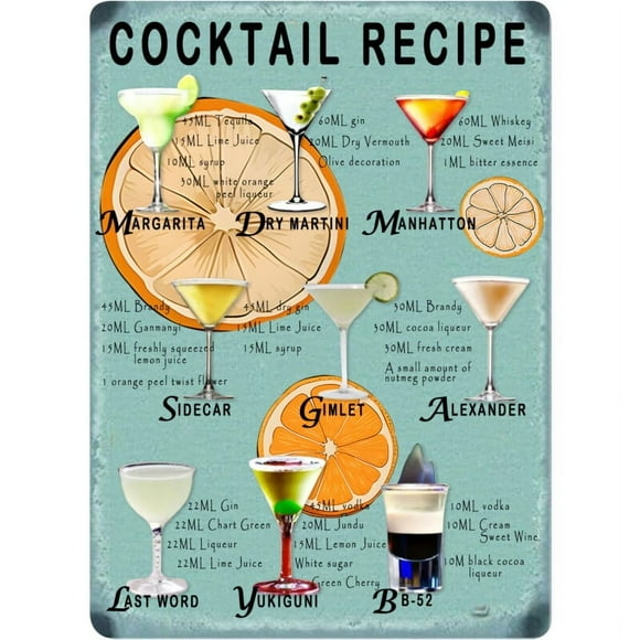 Size: 16" x 12" - Vintage Classic Cocktail Recipe Tin Metal Sign Art Poster For Bar Kitchen Wall