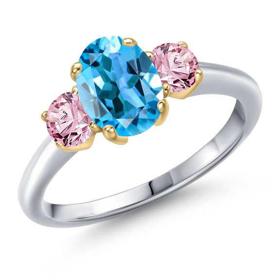 Gem Stone King 925 Silver and 10K Yellow Gold Swiss Blue Topaz and Pink Lab Grown Diamond Engagement Ring for Women | 2.00 Cttw | Oval 8X6MM | Gemstone November Birthstone | Size 6
