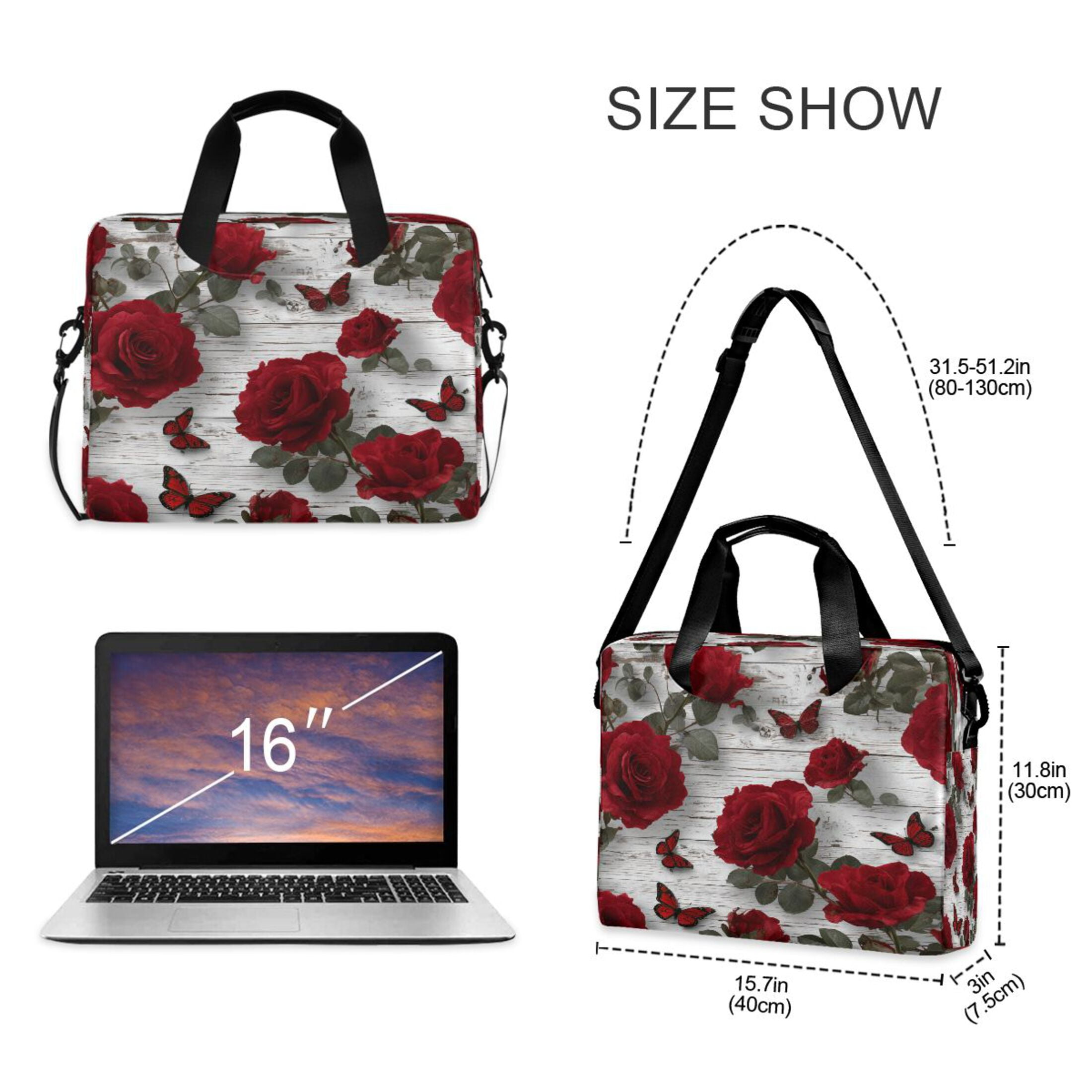 16" Laptop Tote Bag Laptop Sleeve Case Computer Briefcase for Work & Travel Roses and Butterflies Pattern
