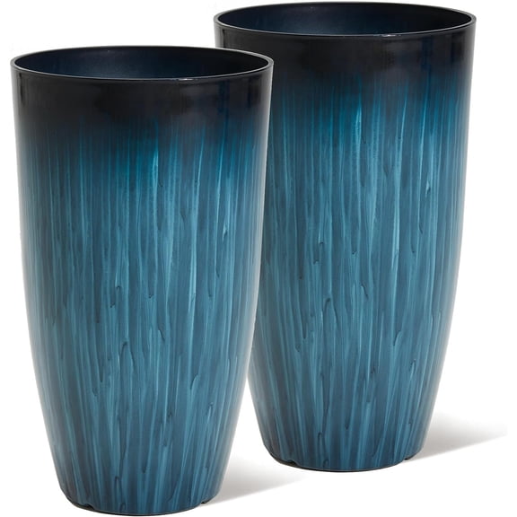 23.5" Tall Plastic Planters Set of 2 with Drainage Holes, Gradient Blue Glossy Finish, Large Lightweight Round Plant Pots for Indoor Outdoor Use, Decorative Flower Pots for Front Porch