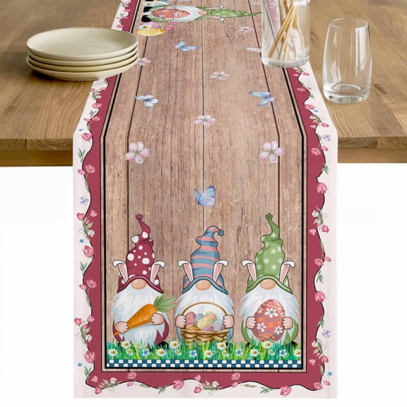 Gnomes Easter Table Runner - 70 Inch Long Eggs Tulips Spring Floral Retro Art Wooden Cotton and Linen Blended Dress Scarves Farmhouse Table Runner for Kitchen Dining, Coffee Table, 13" x 70"