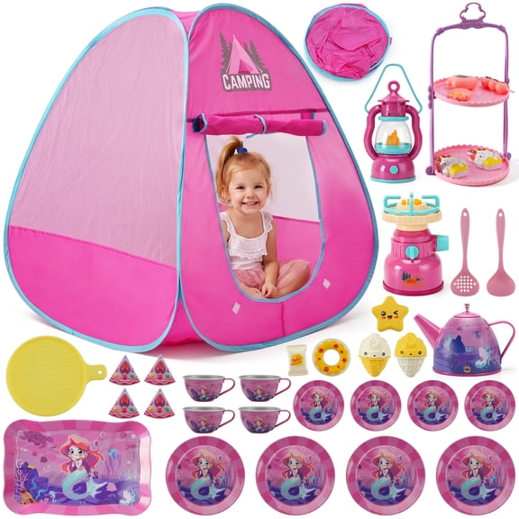 Kids Camping Set with Tent, 42PCS Pop Up Tent, Indoor Outdoor Pretend Play with Tea Party Set for Little Girls, Princess Toys for Toddler Girls, Gift Idea for Girls Age 3 4 5 6 Year Old