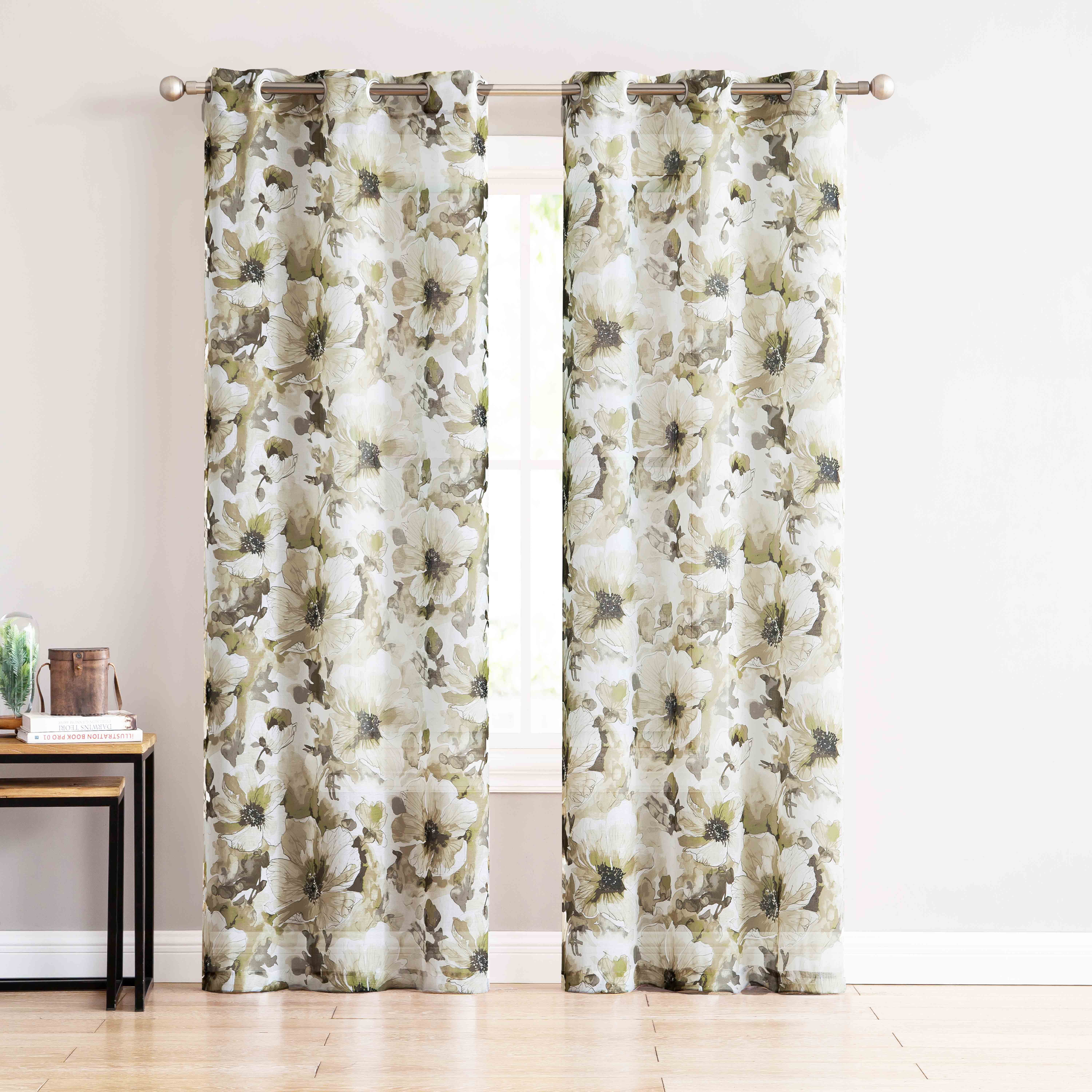 Sheer Grommet Window Curtain Panel Pair Taupe Beige Brown Flower Design 84in L 