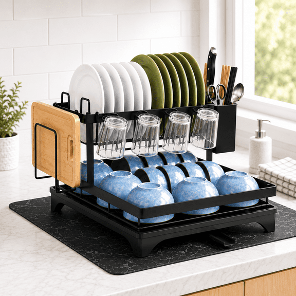 MEHOOM 2-Tier Dish Drying Rack, Dish Rack, Stainless Steel Dish Rack with Auto Drainage System and Absorbent Mat, Dish Drainer for Kitchen Counter