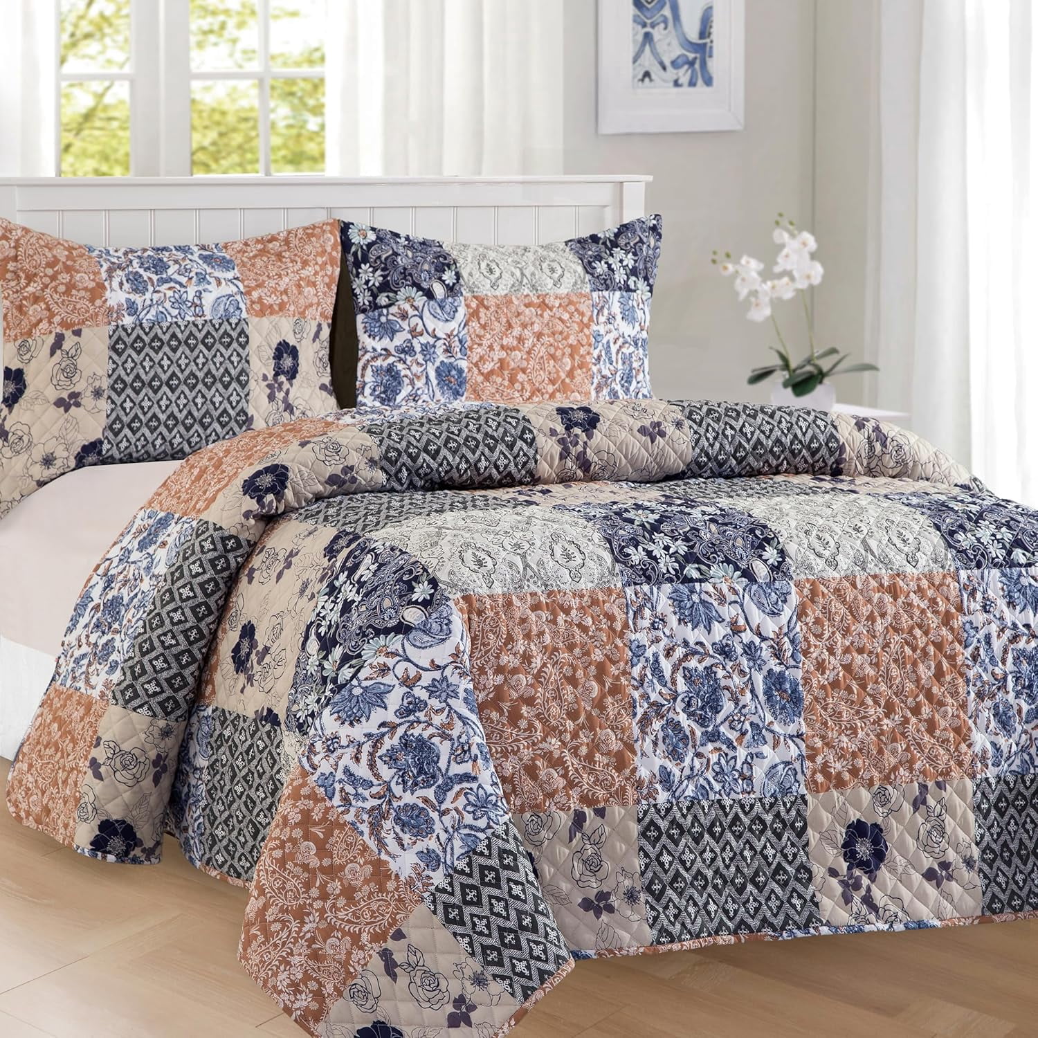 Elegant Comfort 3-Piece Floral Patchwork Reversible Quilt Set - Soft Bedspread with Matching Pillow Shams, Heavyweight Stitching, All Season Quilted Coverlet - Twin XL, Floral Navy