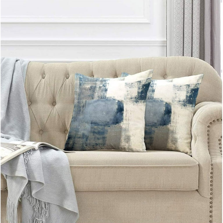 White and Blue Pillows on White Couch - Transitional - Living Room