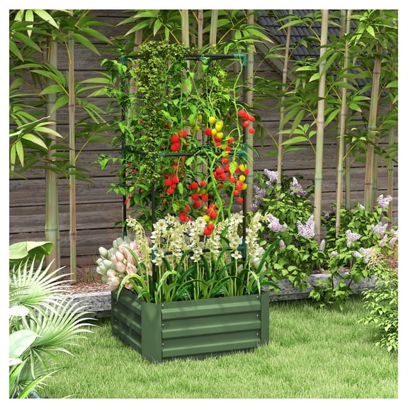 Galvanized Raised Garden Bed with Tomato Cage, 24x24x55 Inch Metal Planter Box for Climbing Vines, Green