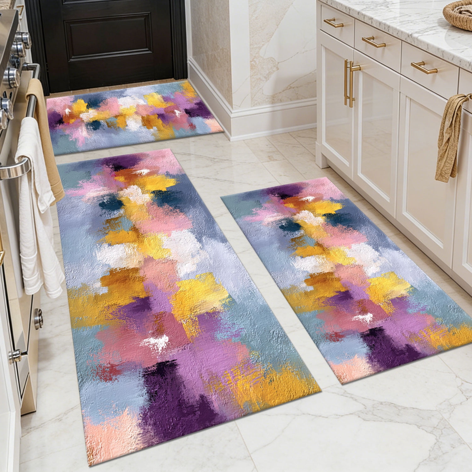 3 Piece Kitchen Rug Set, Non-Slip And Washable, Abstract Pattern Kitchen Hallway Rug, Soft And Comfortable, Suitable For Sinks, Floors, Entrances, Hallways and Bathrooms