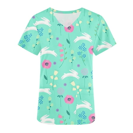 

LWZWM Easter Medical Scrubs Tops Women Nurses Healthcare Uniform Scrubs Hospital Animal Tunic Uniform V Neck Nurse Scrubs Top Casual Short Sleeve Scrubs Shirts with Pockets Mint Green XXL
