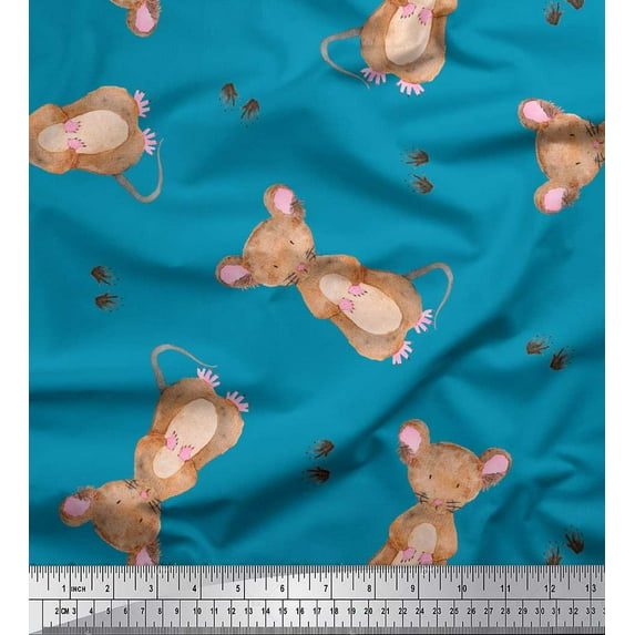 Soimoi Blue Cotton Duck Fabric Footprints & Mouse Kids Printed Craft Fabric by the Yard 58 Inch Wide