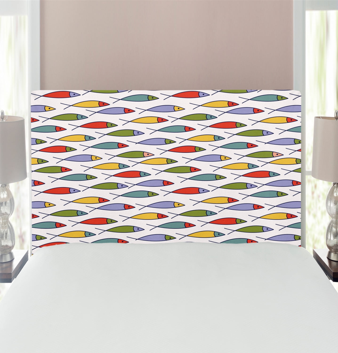 Underwater Headboard, Simplistic Floating Fish Forms in Row Aquatic