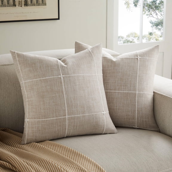 Grid Embroidery Throw Pillow Covers 18x18 Inch 2 Pack, Farmhouse Linen Decorative Cushion Covers, Taupe Light Brown Pillow Cases for Sofa, Bed, Living Room, Home Decor, Rustic Style