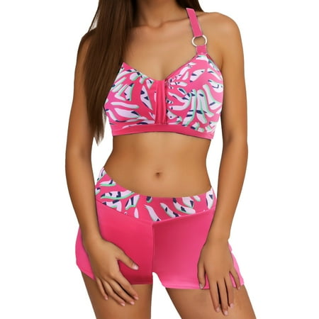 HABDGIKS Bikinis Sets for Women Tropical Print Cropped Halter With Boyshorts Quick Dry Slim Bathing Suit Split Swimsuit