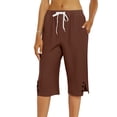 thumbnail image 5 of Bermuda Shorts for Women Linen Cotton Capri Knee Length High Waisted Side Split Long Shorts Button Casual Lounge Pants Brown XL, 5 of 8