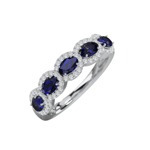 Oval Cut Blue Sapphire & Diamond Engagement Half Eternity Ring in 925 Sterling Silver - September Birthstone - Promise Ring