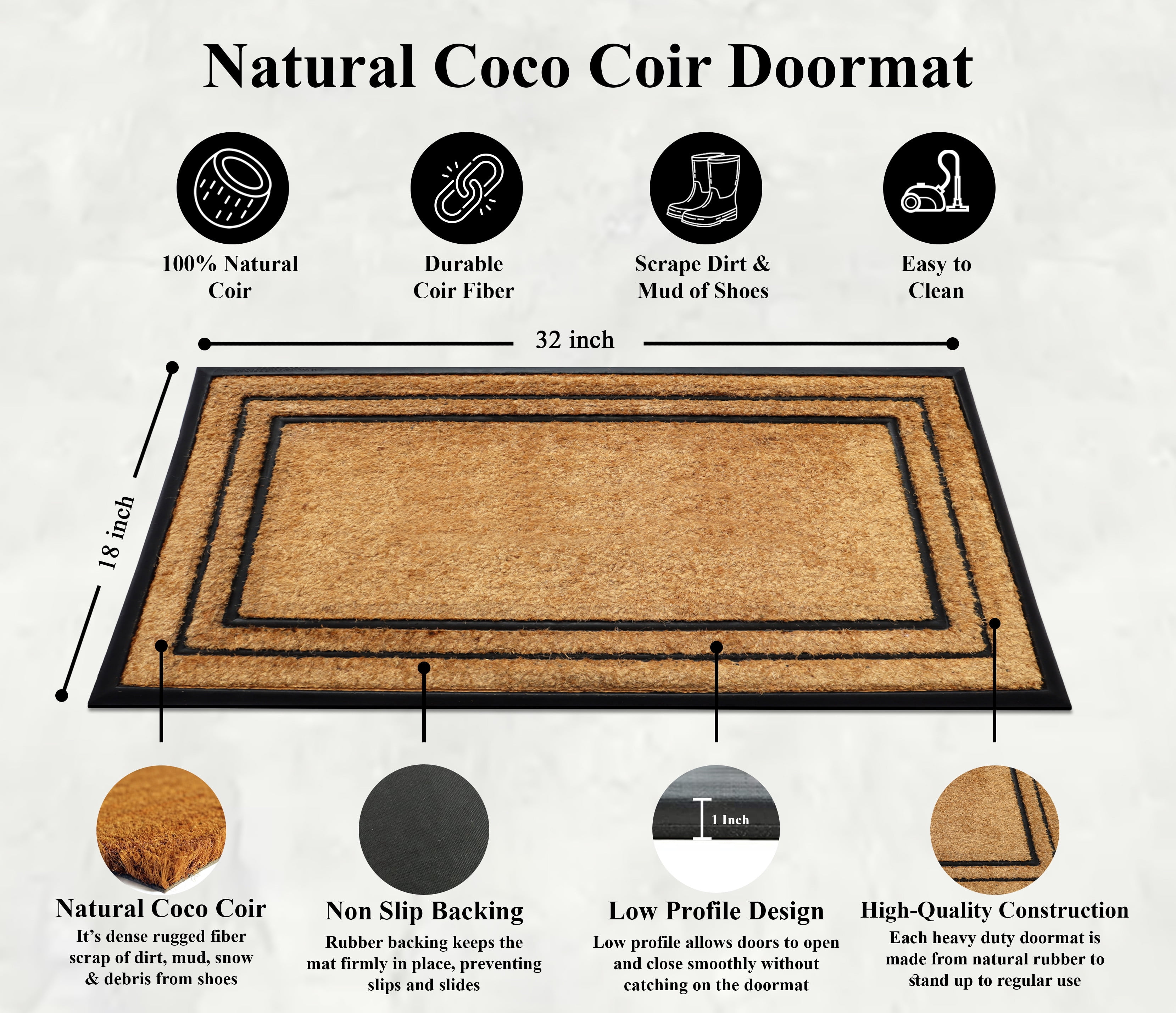A1 Home Collections Natural Coir & Rubber Door Mat, Long-Lasting Entrance Doormats for Front Door, Thick & Non-Slip Durable Outdoor Entry Mat 18" x 32"