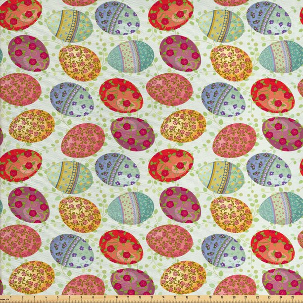 Easter Fabric by The Yard, Traditional Eggs Painted with Flowers Vintage Composition on Green