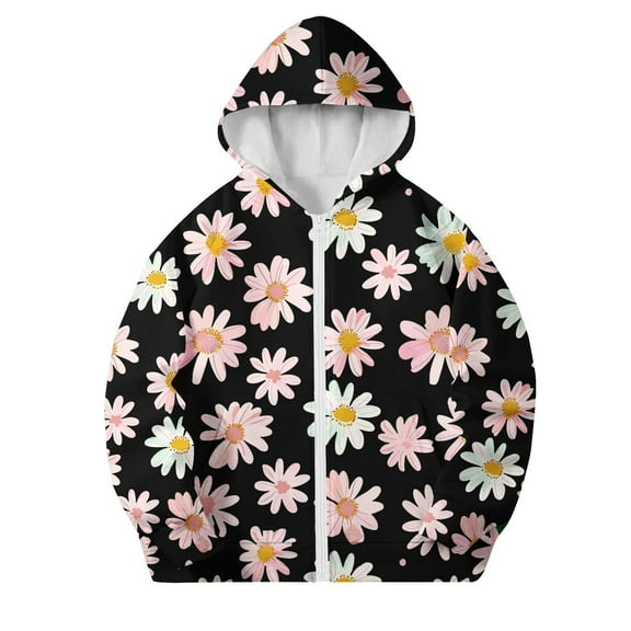 Riecok Toddler Jacket with Hoodie with Pocket Long Sleeve Zip up Cute Print Casual Warm Kids Coat Black 5 Years