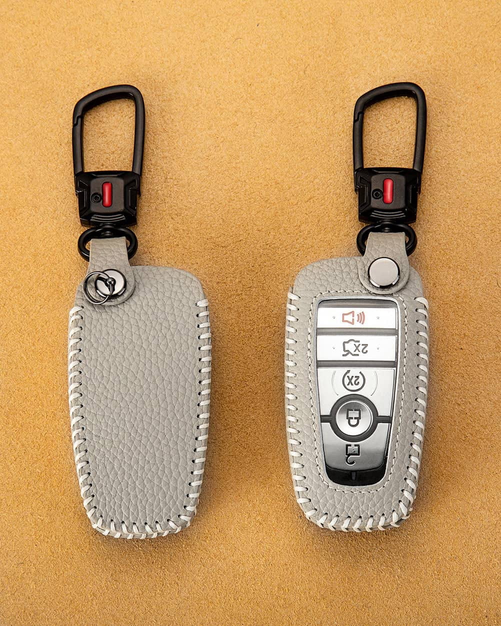 for Ford Key Fob Cover with Keychain, Leather Keyless Entry Car Smart Key Case Protector Holder Compatible with 2017-2024 Bronco Escape Mustang Explorer F150 F250 F350 Fusion Edge