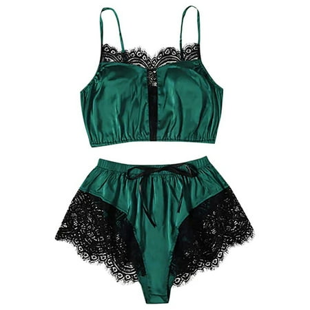 

Women s Sleepwear 2pcs Floral Lace Trim Satin Cami Pajama Set Female Mesh Nightgown Lingerie Set New