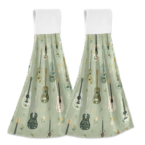Yayeee Kitchen Hanging Hand Towels Set of 2 with Loop Bathroom Absorbent Tie Towel, Green Floral Guitar Pattern