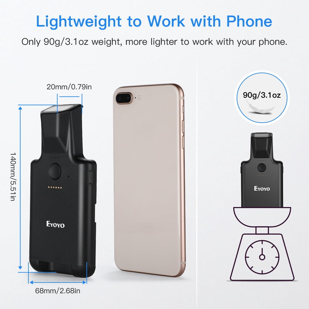 Eyoyo QR Code Scanner Bluetooth Wireless Barcode Scanner Phone Back Clip 1D 2D EAN UPC PC Warehouse Inventory Reader