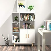 BAHOM Floor Storage Cabinet Wooden Display Bookcase with Double Doors Side Bookshelf Free Standing, White