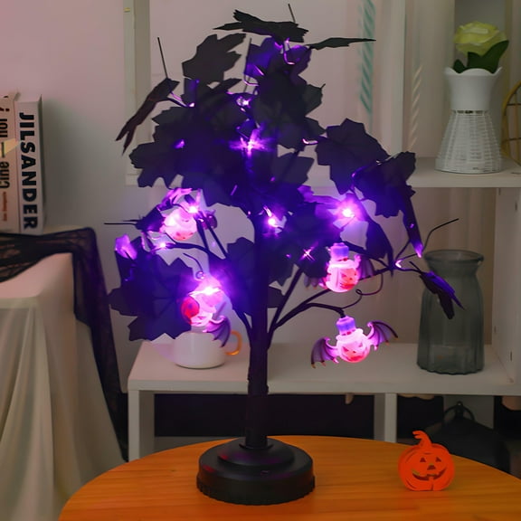 MYFLOCY Halloween Black Tree with LED Purple Bat Lights Ornaments Fall Table Decor