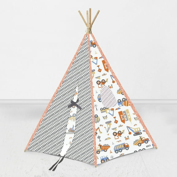 Bacati - Construction Teepee Tent for Kids/Toddlers, 100% Cotton Breathable Percale Fabric Cover, Yellow/Orange/Grey/Blue