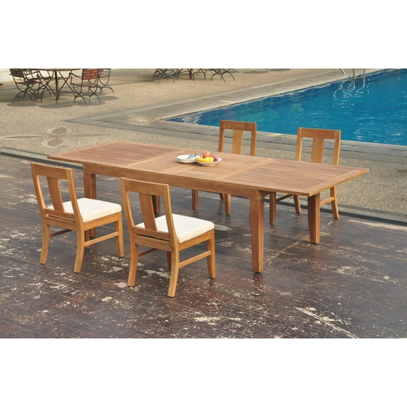 Grade-A Teak Dining Set: 4 Seater 5 Pc: 122" Caranas Double Extension Rectangle Table And 4 Osborne Armless Chairs Outdoor WholesaleTeak #WMDSWVm