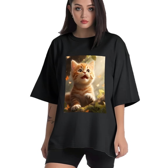 Plus Size Shirt for Women Black Tops for Women Short Sleeves Shirt for Women Cats T Shirt Crewneck Shirt for Women XS