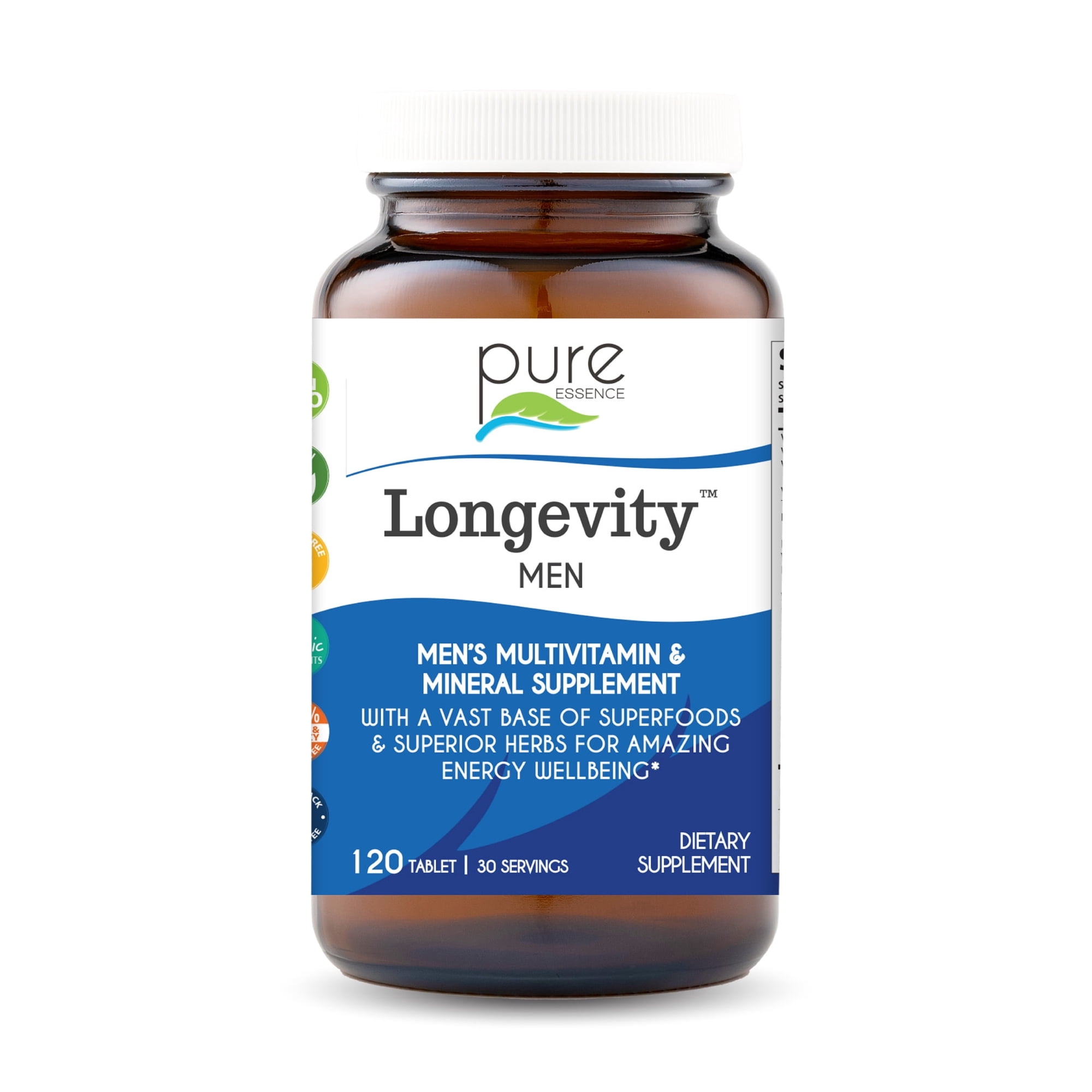 Pure Essence Labs - Longevity Men, Complete Men's Multivitamin for Healthy Aging, Energy, Vitality & Prostate Support - 120 Tablets