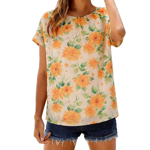 Mujeres Tops Casual Elegante Impresión de Gasa Reunido Escote Blusa Suave Verano Transpirable
