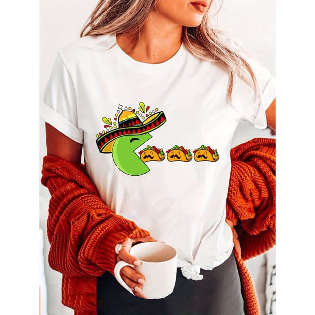 Eating Tacos Print Crew Neck T-shirt, Short Sleeve Casual Top For Summer & Spring, Women's Clothing