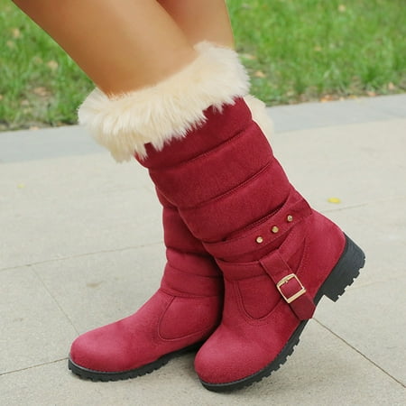 

Snow Suede Boots Fashion Belt Heel Buckle Boots Warm Mid- Women s Thick women s boots