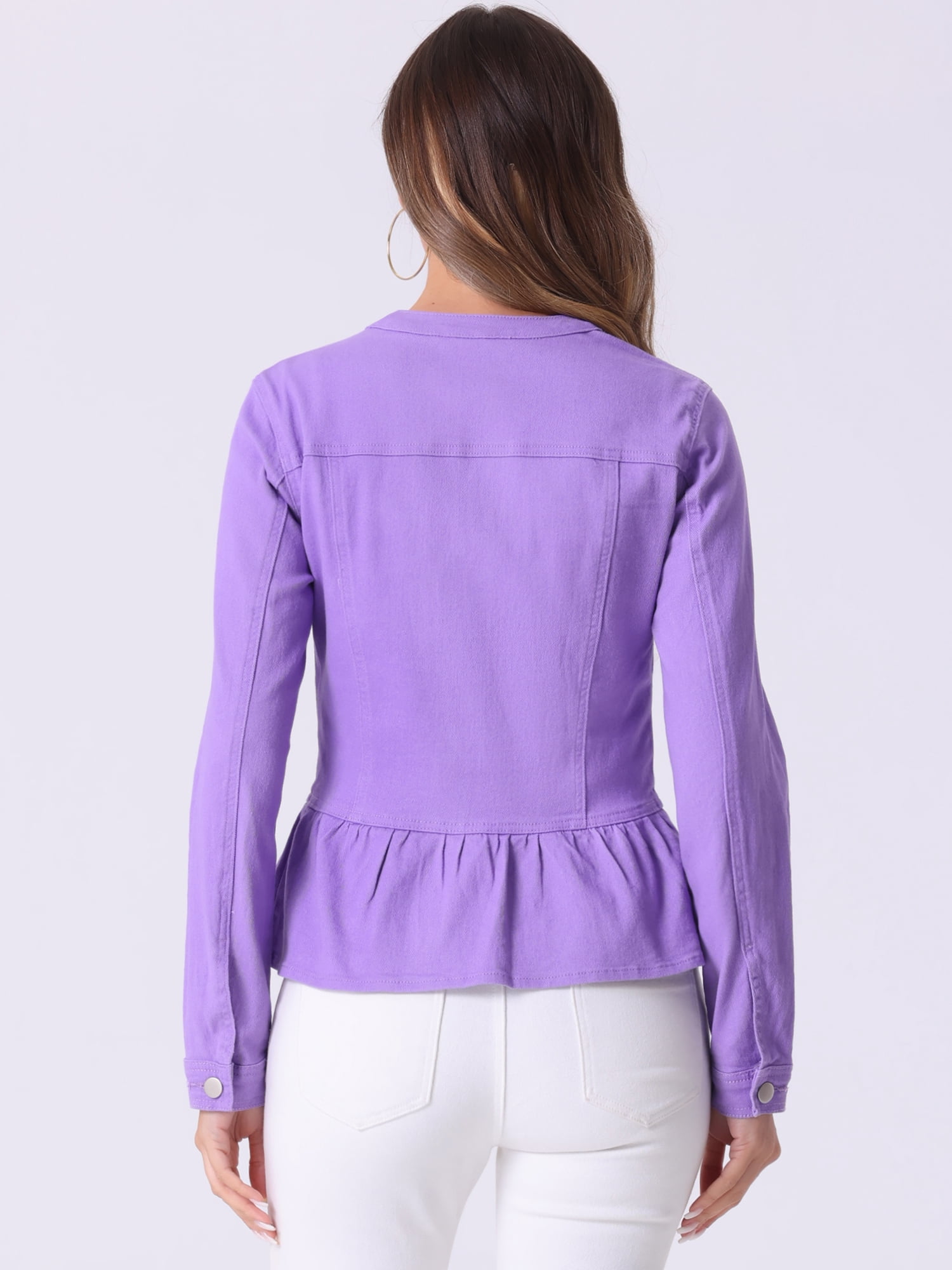 DARING DIVA Women's Button Down Cropped Ruffle Hem Denim Jacket M Purple
