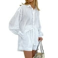 thumbnail image 3 of Women'S Summer 2 Piece Sets Striped Puff Sleeve Button Down Shirts Tops Matching Shorts Sets Casual Outfits White S, 3 of 9
