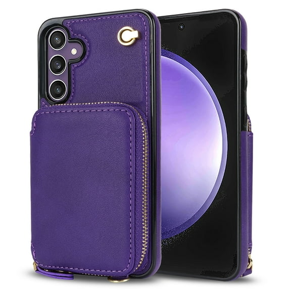 Crossbody Zipper Wallet Bag Case for Samsung Galaxy S24,Dteck Lager Capacity Purse Leather Card Slots Pocket Shockproof Case Kickstad Cover with Shoulder Strap, Purple