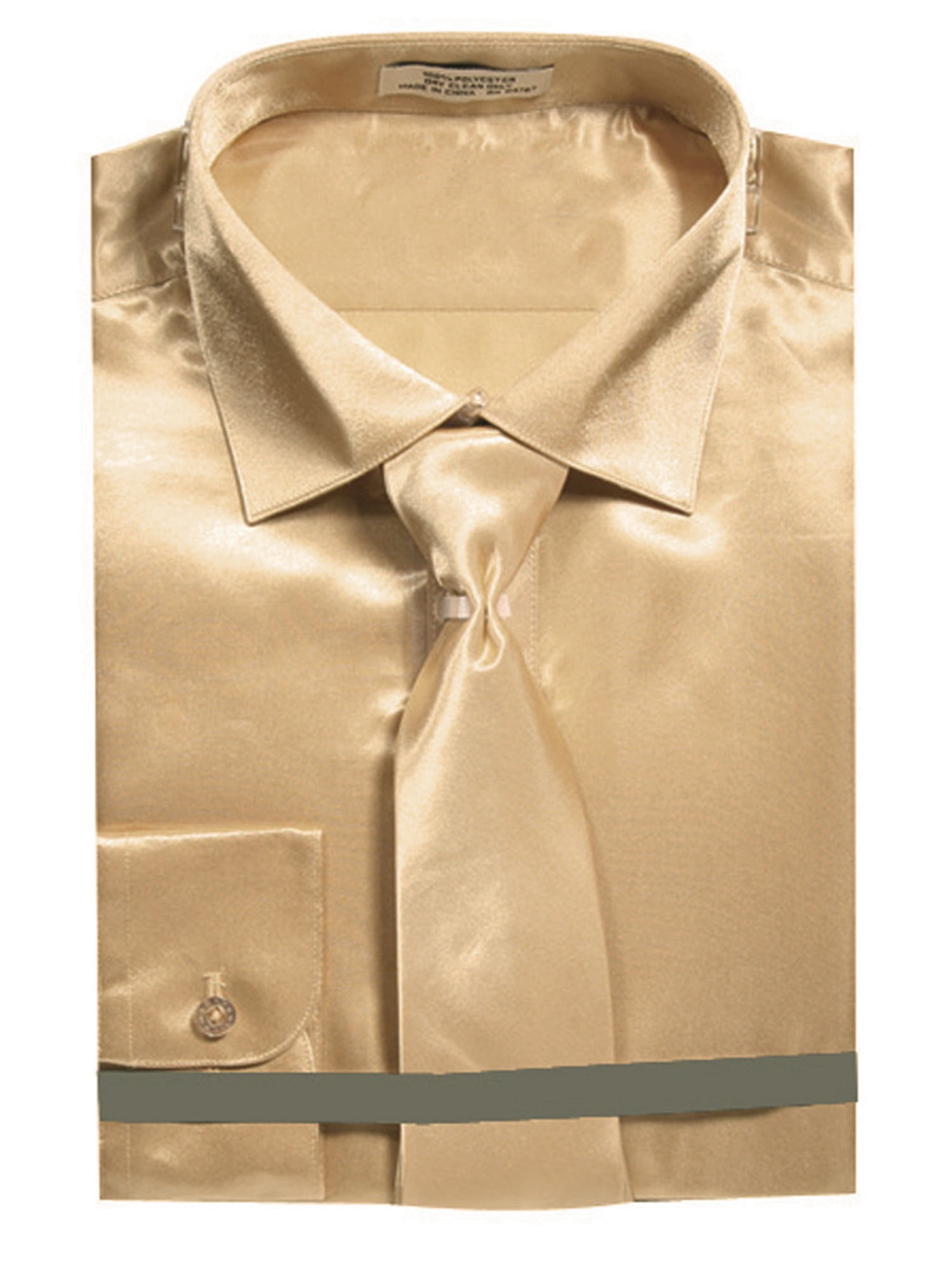 Men's Slim Fit Satin Solid Dress Shirt with Neck Tie