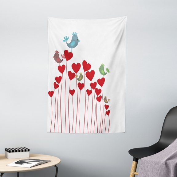 Love Tapestry, Bird Sings Sitting Hearts Twitting Springtime Garden Lovely Oriental, Wall Hanging for Bedroom Living Room Dorm Decor, 40W X 60L Inches, Ruby Cadet Blue Green Mauve, by Ambesonne