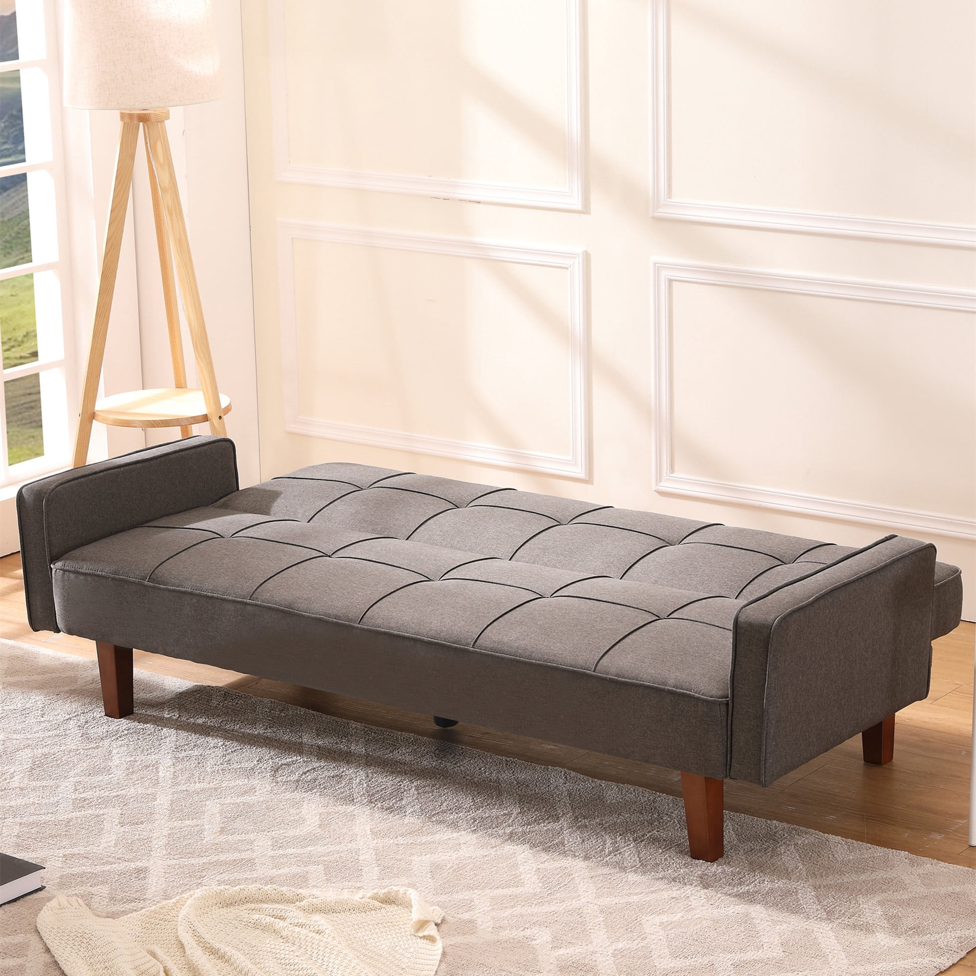 Aukfa 75" Square Arm Futon Sofa Bed Convertible Couch for Home Office, Wooden Legs, Linen, Gray