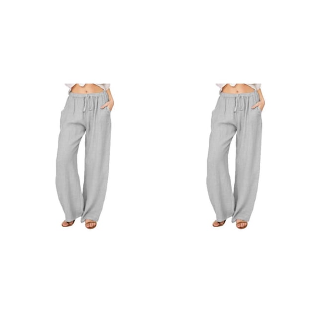 Minnieouse Pantalones de mujer Color sólido suelto plisado banda elástica cintura alta Casual señoras verano transpirable pantalón largo ropa Gris M 2piezas