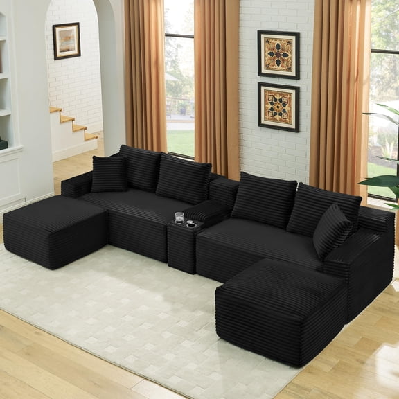 Aukfa 127" U Shaped Cloud Sectional Sofa Modular Boneless Couch with USB&Cupholdes Storage Console for Living Room, Corduroy, Black