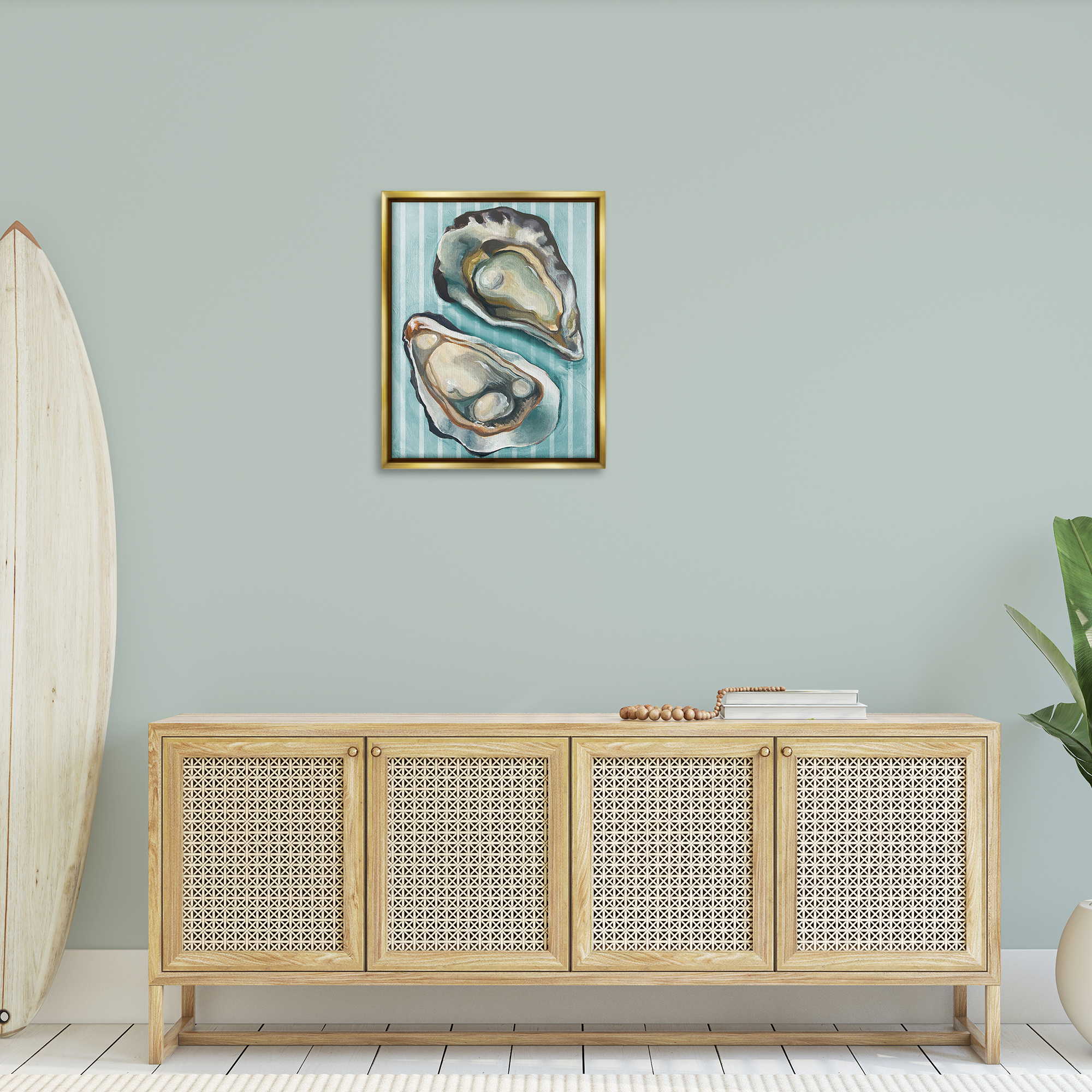 Stupell Industries Oysters on Blue Stripes Animals Painting Gold Floater Framed Canvas Art Print Wall Art, 25 x 31