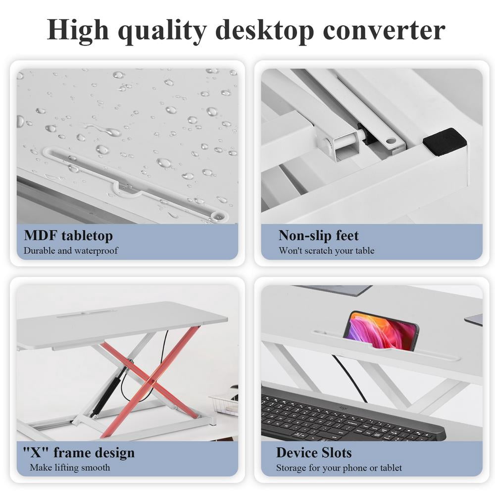 TOHU Standing Desk Converter, Height Adjustable Manual Pneumatic Spring Workstation with Keyboard Tray, for Home, School, White